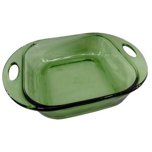 Vintage Anchor Hocking Green Glass‎ 8x8 Baking Dish w/ Handles EUC Retro Avocado